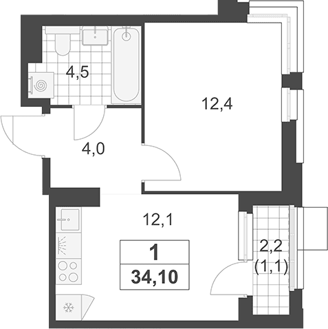 Планировка: 1-комнатная квартира 33 м² в ЖК «Южные сады»