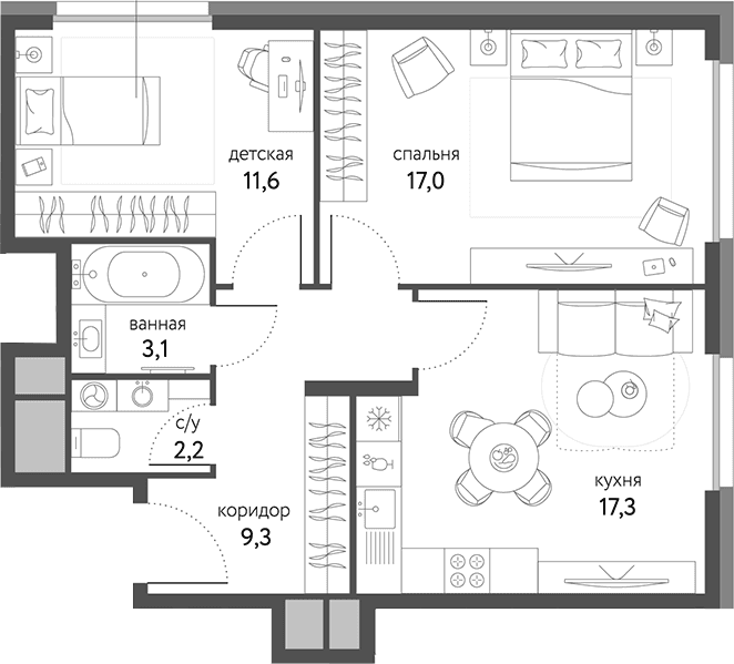 Планировка: 2-комнатная квартира 60,5 м² в ЖК «Сиреневый парк»