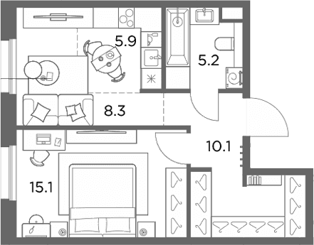 Планировка: Евродвушка 44,6 м² в ЖК «Станиславский»