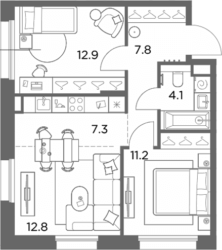 Планировка: Евротрёшка 56,1 м² в ЖК «Станиславский»