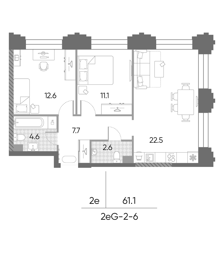 Планировка: Евротрёшка 61,1 м² в ЖК «ЗилАрт»
