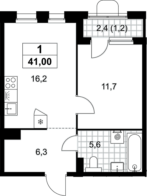 Планировка: Евродвушка 39,8 м² в ЖК «Прокшино»
