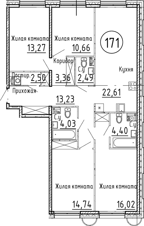 Планировка: Квартира евро-5 107,3 м² в ЖК «Остров Первых»