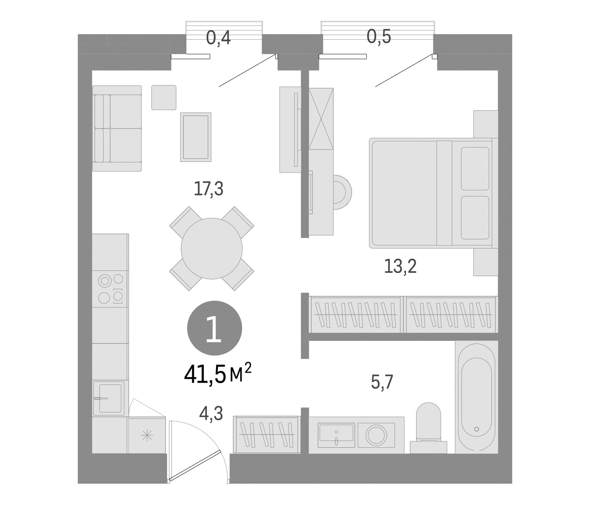 Планировка: 1-комнатная квартира 40,6 м² в ЖК «Северный ветер»