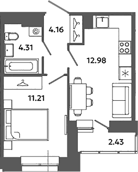 Планировка: 1-комнатная квартира 32,7 м² в ЖК «Загляденье»