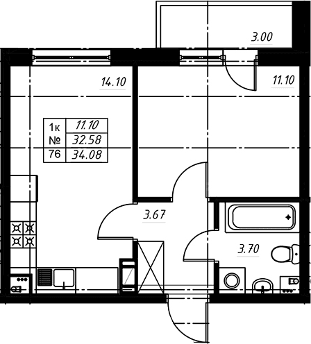 Планировка: Евродвушка 32,7 м² в ЖК «Огоньки»