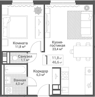 Планировка: Евродвушка 46,6 м² в ЖК «Руднева, 15»