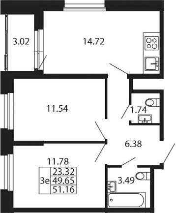 Планировка: Евротрёшка 49,7 м² в ЖК «Полис Новоселье»