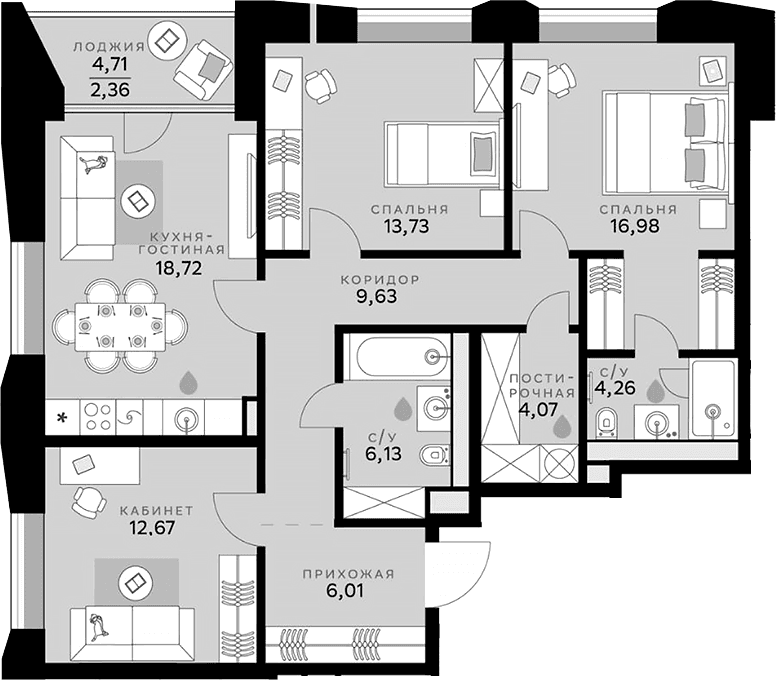 Планировка: Квартира евро-4 92,2 м² в ЖК «СберСити»