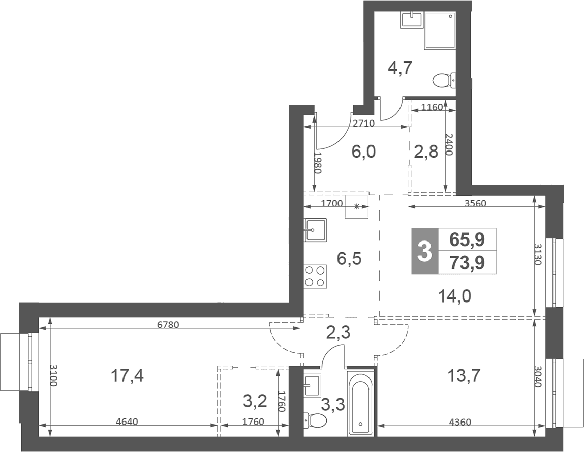 Планировка: 3-комнатная квартира 73,9 м² в ЖК «Дубровицы Клаб»