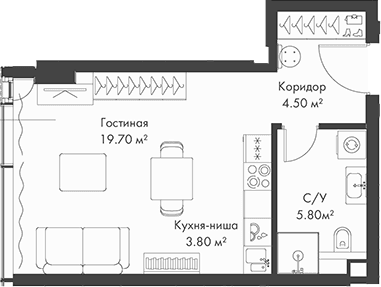 Планировка: Студия 33,8 м² в ЖК «Слава»