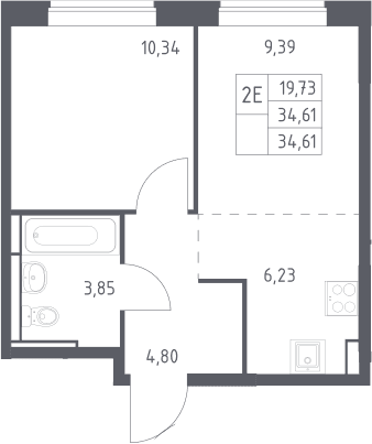 Планировка: Евродвушка 34,6 м² в ЖК «Богдановский лес»