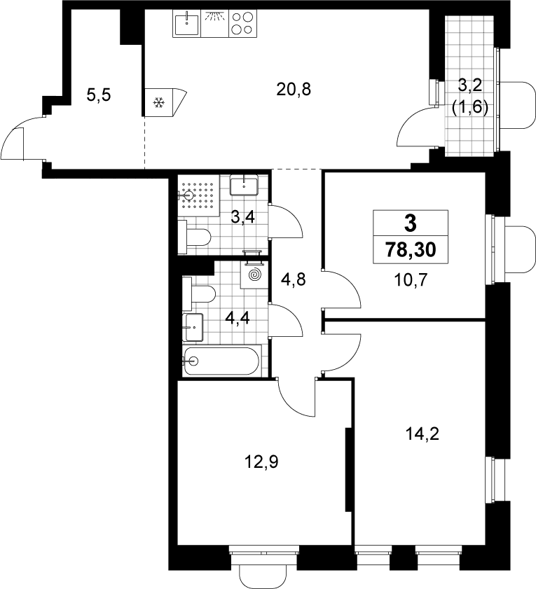 Планировка: Квартира евро-4 76,7 м² в ЖК «Прокшино»