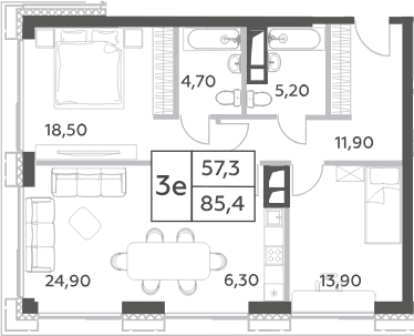 Планировка: Евротрёшка 85,4 м² в ЖК «Will Towers»