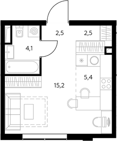 Планировка: Студия 30 м² в ЖК «Адмирал»