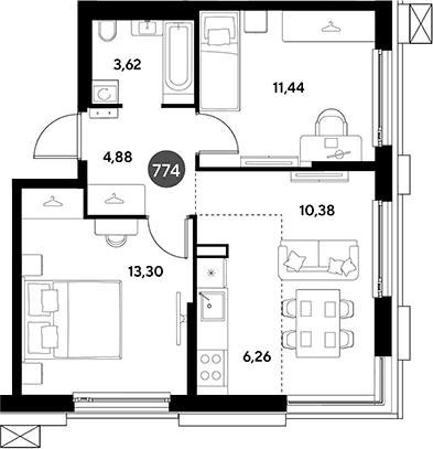 Планировка: Евротрёшка 49,9 м² в ЖК «ЭВО»