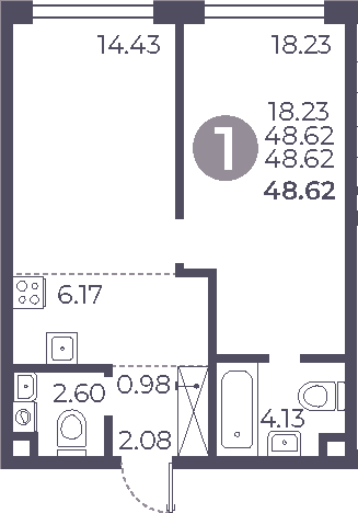 Планировка: 1-комнатная квартира 48,6 м² в ЖК «Мневники от Гранель»