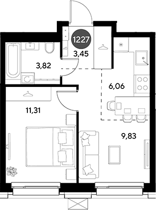 Планировка: Евродвушка 34,5 м² в ЖК «ЭВО»