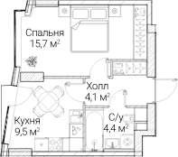 Планировка: 1-комнатная квартира 33,4 м² в ЖК «СЕЗАР БУДУЩЕЕ»