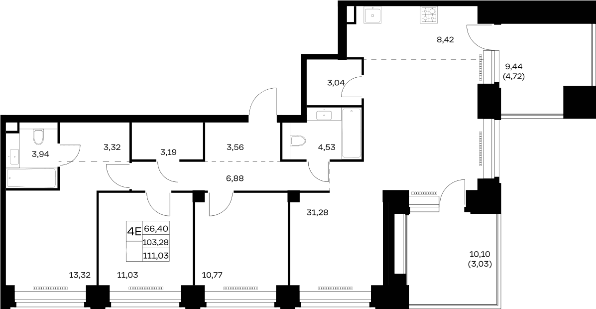 Планировка: Квартира евро-4 103,3 м² в ЖК «НОВА»
