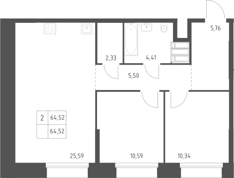 Планировка: 2-комнатная квартира 64,5 м² в ЖК «Тропарево Парк»