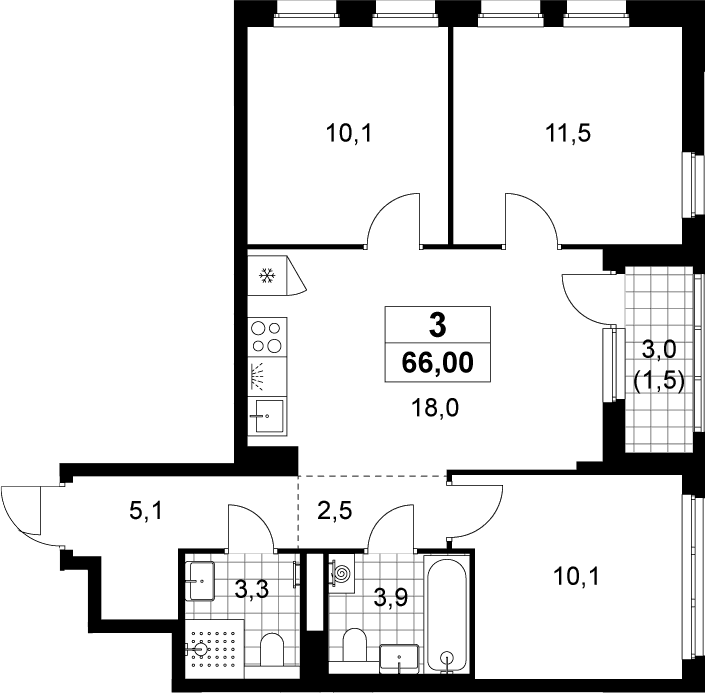 Планировка: Квартира евро-4 64,5 м² в ЖК «Деснаречье»