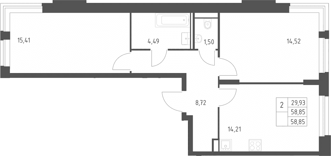 Планировка: 2-комнатная квартира 58,9 м² в ЖК «Квартал Строгино»