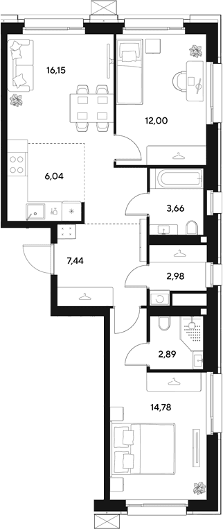 Планировка: Евротрёшка 65,9 м² в ЖК «ЭВО»