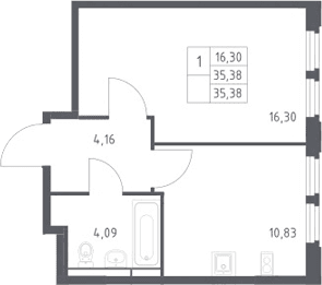Планировка: 1-комнатная квартира 35,4 м² в ЖК «Космический Квартал»