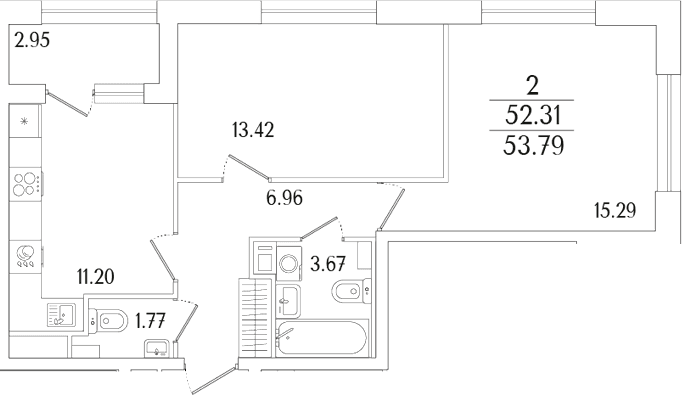 Планировка: 2-комнатная квартира 52,3 м² в ЖК «Аурум»
