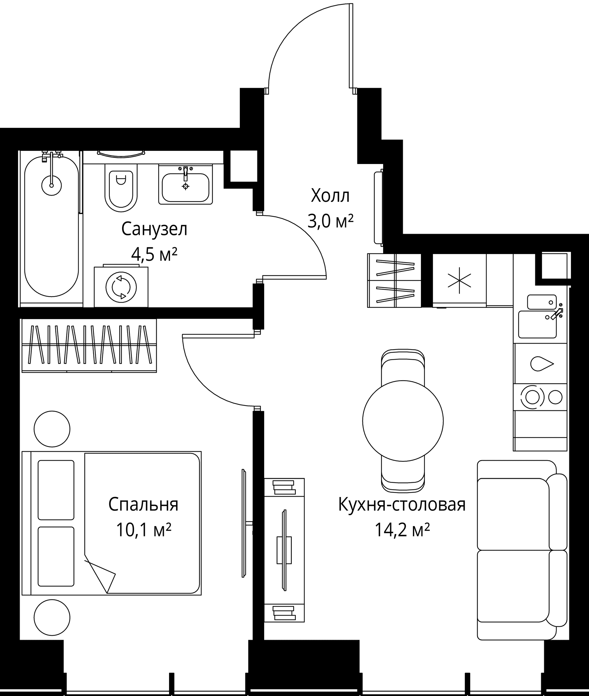 Планировка: Евродвушка 31,8 м² в ЖК «Веер»