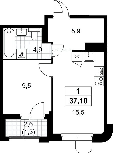 Планировка: Евродвушка 35,8 м² в ЖК «Прокшино»