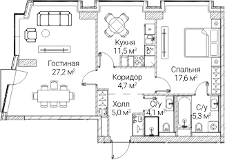 Планировка: 2-комнатная квартира 75,4 м² в ЖК «СЕЗАР БУДУЩЕЕ»