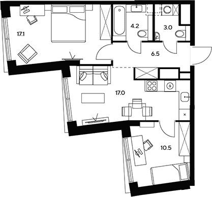 Планировка: Евротрёшка 58,3 м² в ЖК «НЕКСУС от Аквилон»