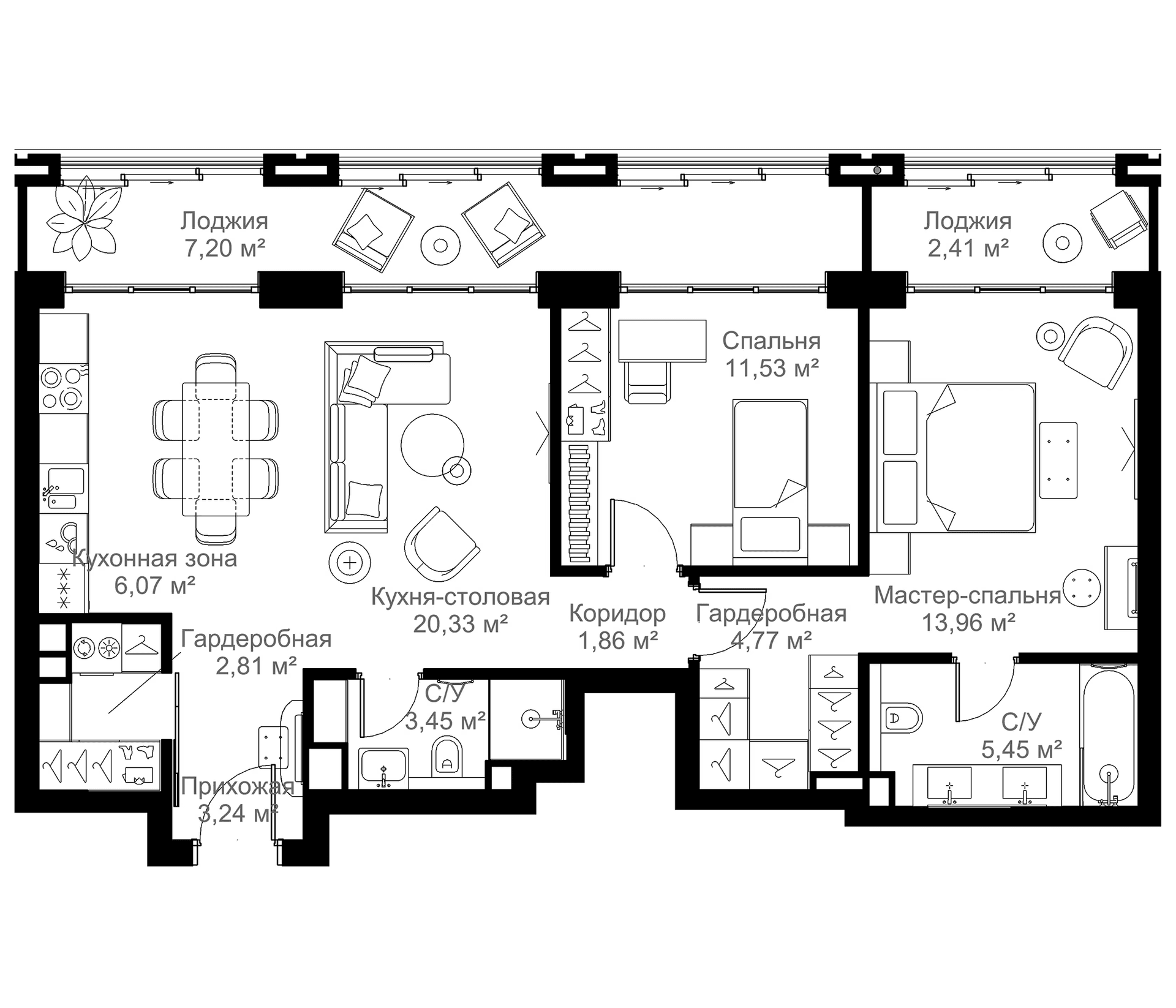 Планировка: 2-комнатная квартира 73,5 м² в ЖК «МЫС»