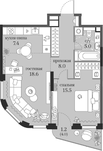 Планировка: 1-комнатная квартира 54,5 м² в ЖК «Муза»
