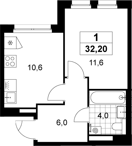 Планировка: 1-комнатная квартира 32,2 м² в ЖК «Деснаречье»