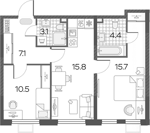 Планировка: Евротрёшка 56,6 м² в ЖК «Лучи»