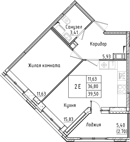 Планировка: Евродвушка 36,8 м² в ЖК «Аквилон РекаПарк»