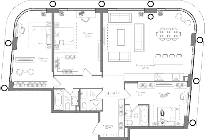 Планировка: Квартира евро-4 138,7 м² в ЖК «Преображенская площадь»