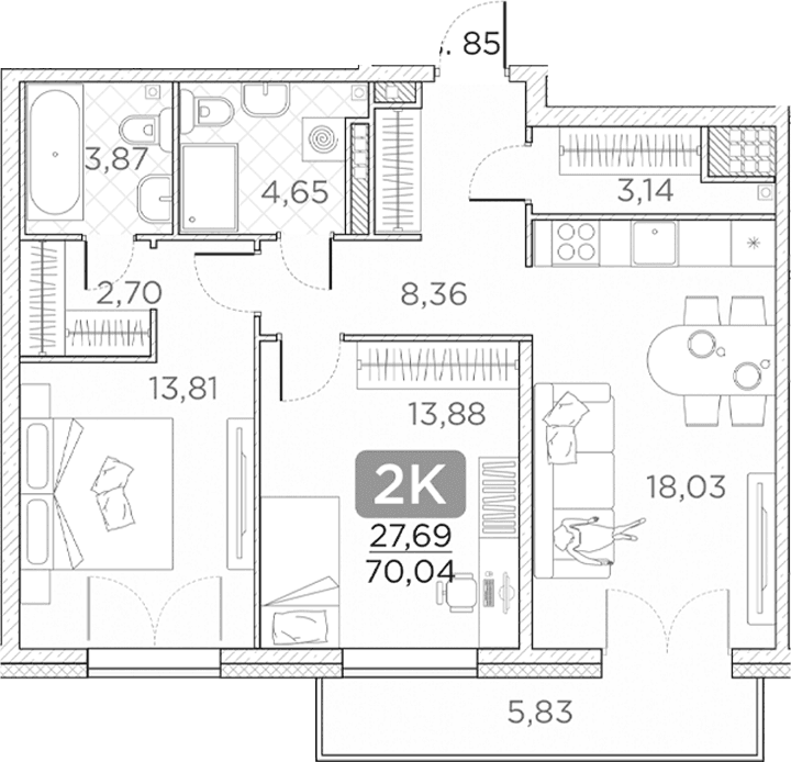 Планировка: Евротрёшка 68,3 м² в ЖК «Гильдия»