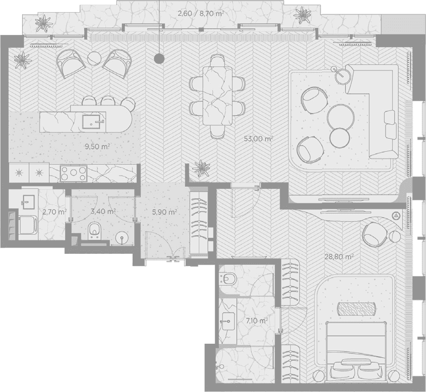 Планировка: 1-комнатная квартира 110,4 м² в ЖК «Николь»