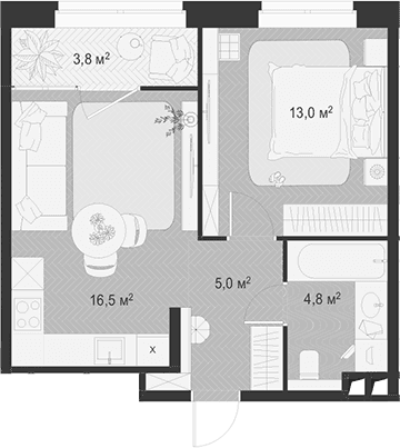 Планировка: Евродвушка 39,3 м² в ЖК «Гранд Комфорт 3»