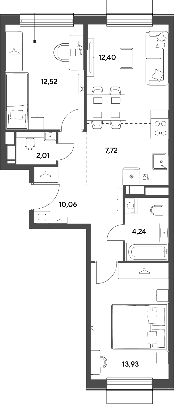 Планировка: Евротрёшка 62,9 м² в ЖК «Публицист»