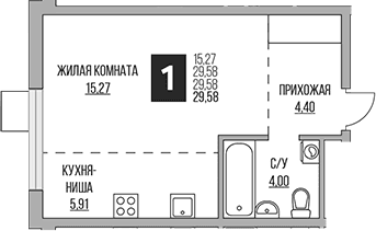 Планировка: Студия 29,6 м² в ЖК «Гранель Притяжение Сити»