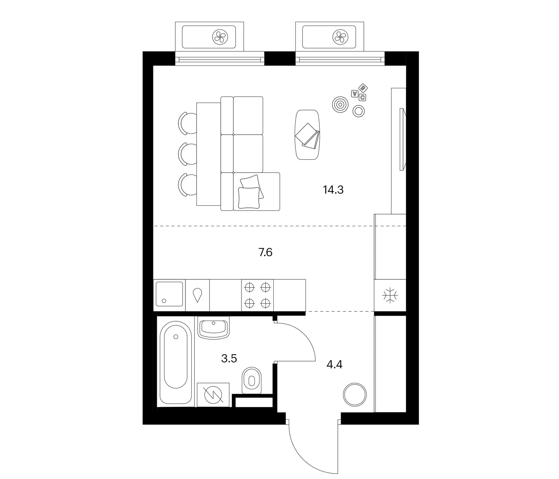 Планировка: Студия 29,8 м² в ЖК «Белая Дача парк»