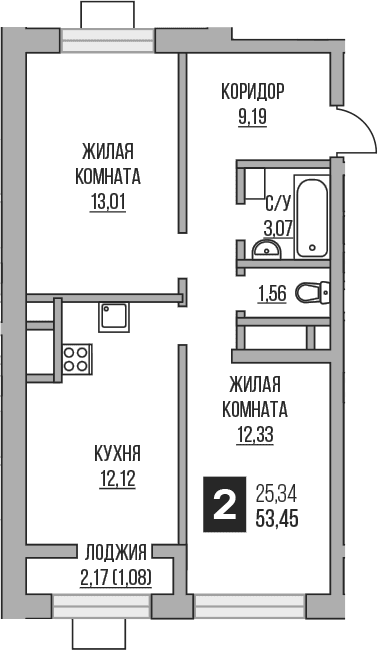 Планировка: 2-комнатная квартира 51,3 м² в ЖК «Гранель Пехра»