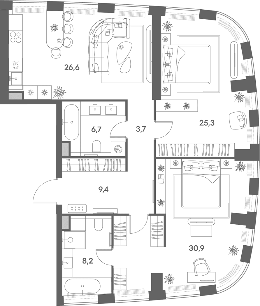 Планировка: Евротрёшка 110,8 м² в ЖК «Энигмия»