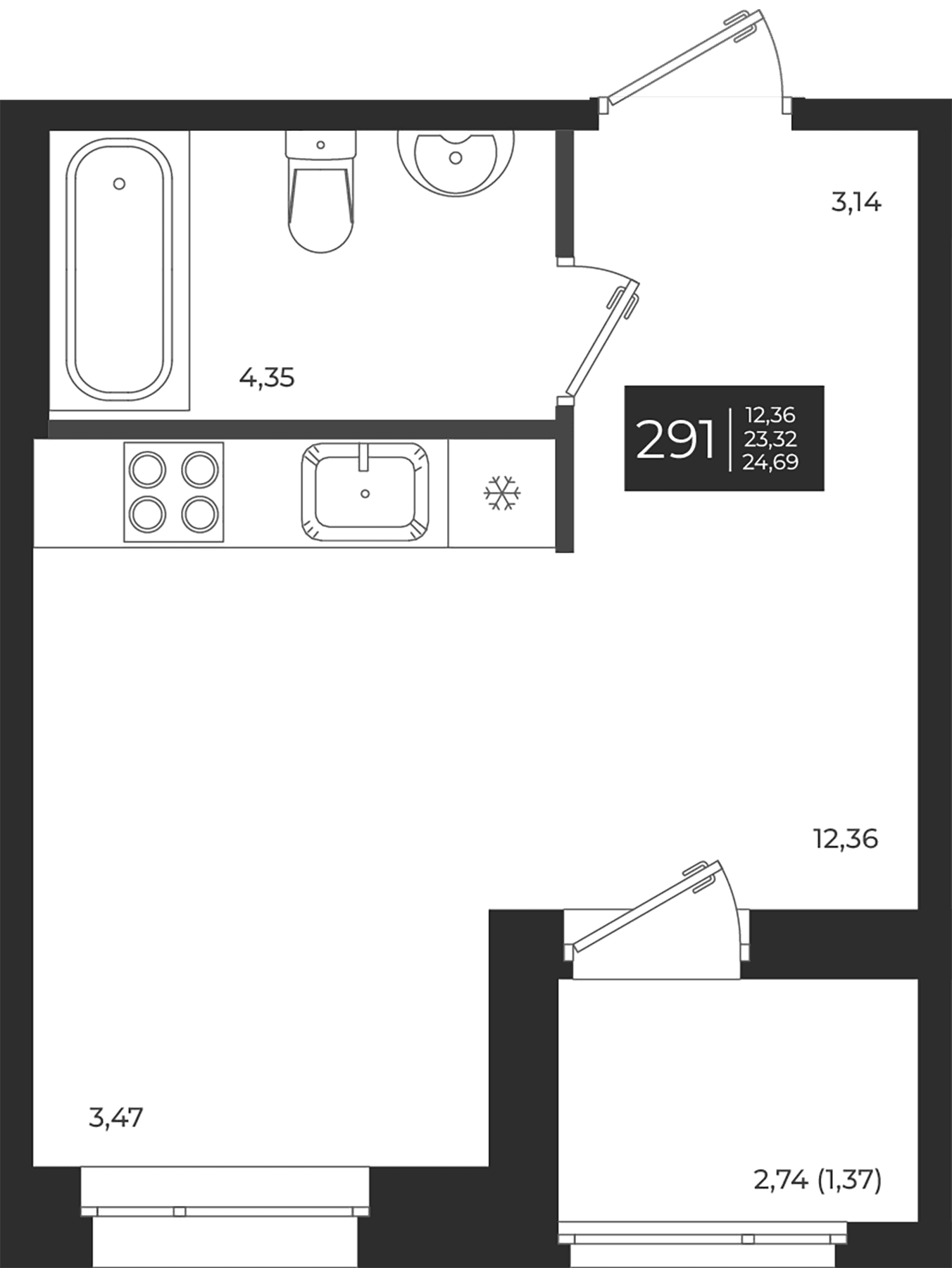 Планировка: Студия 23,3 м² в ЖК «Новатория»