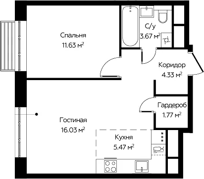 Планировка: Евродвушка 42,9 м² в ЖК «Новоград Павлино»